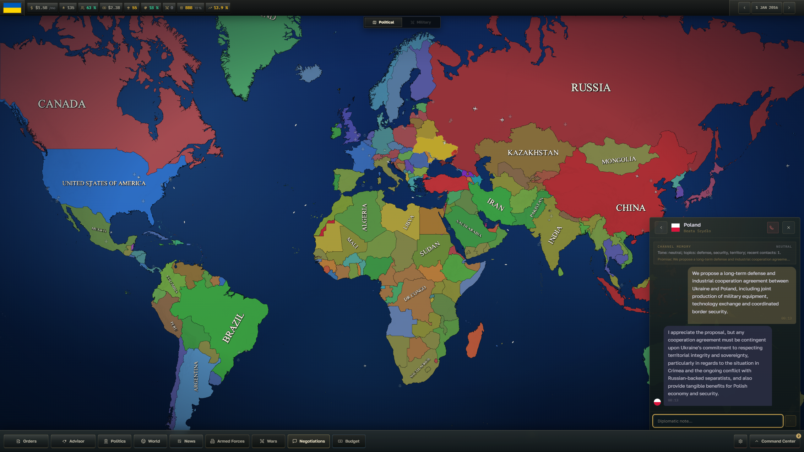 GEOSTATE gameplay showing a diplomatic channel with Poland, its channel memory, a Ukrainian cooperation proposal and Poland's contextual response.