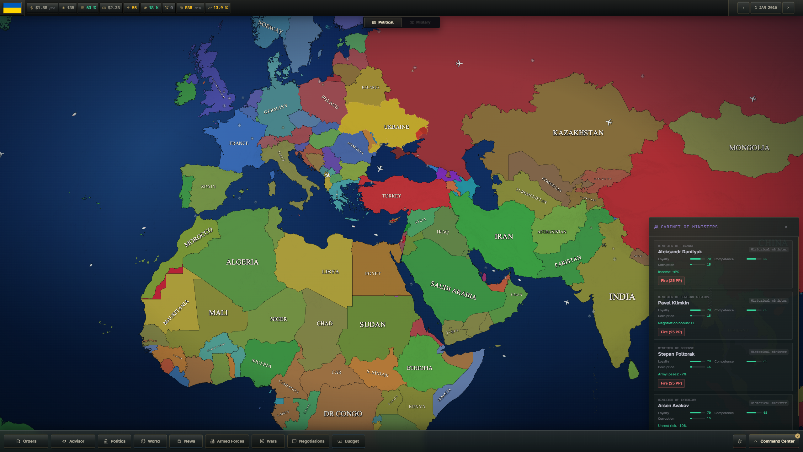 GEOSTATE gameplay showing Ukraine's Cabinet of Ministers with Finance, Foreign Affairs, Defense and Interior ministers and their loyalty, competence and corruption attributes.