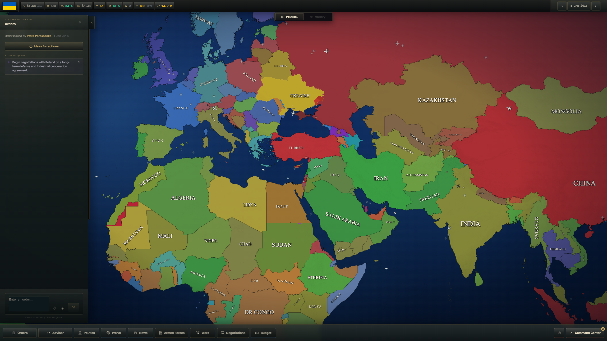 GEOSTATE Orders interface showing a queued English-language diplomatic order from Ukraine to begin long-term defense and industrial cooperation negotiations with Poland.
