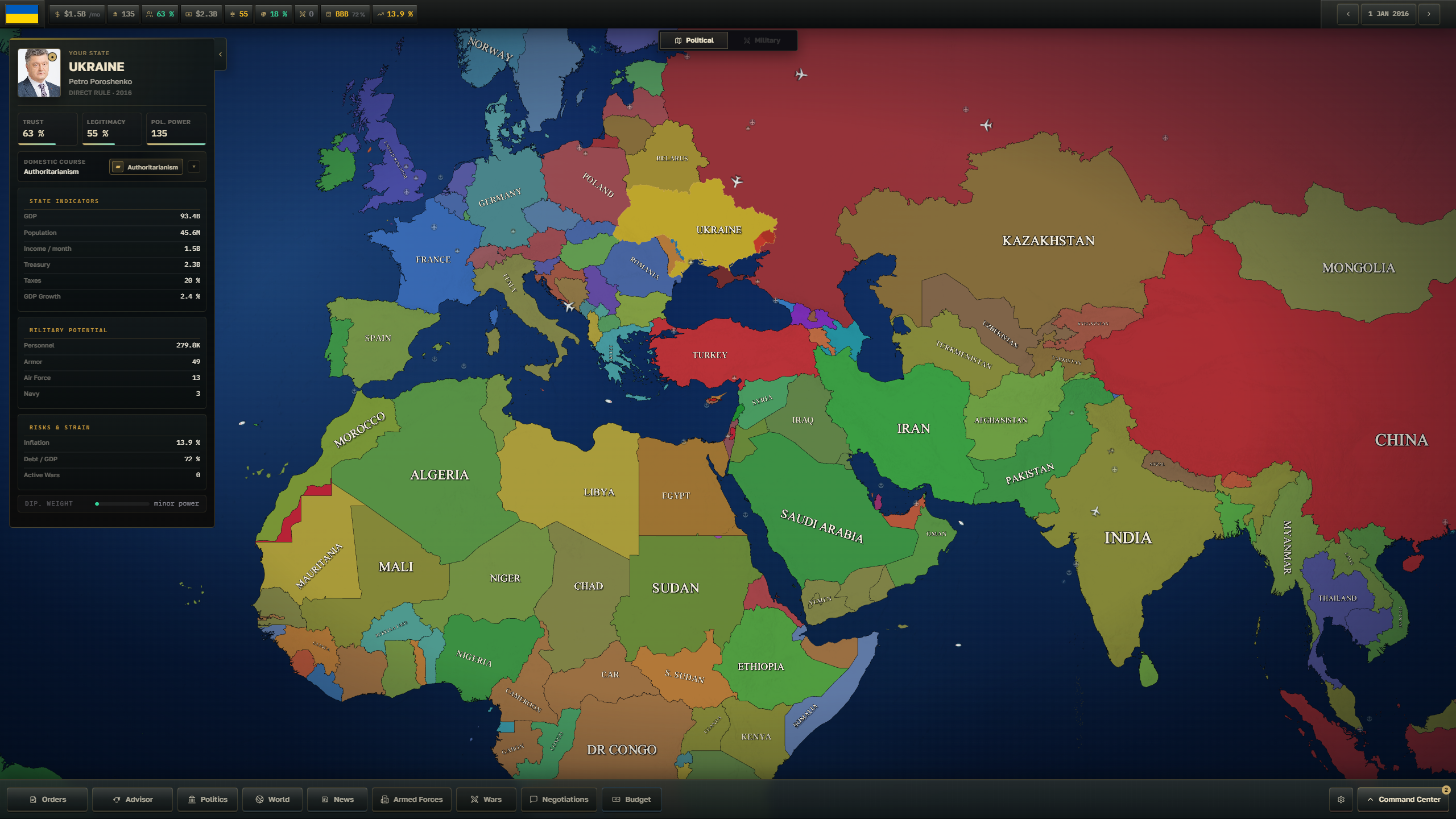 GEOSTATE gameplay showing Ukraine selected on the political map of Europe and Central Asia with state indicators and government statistics visible.