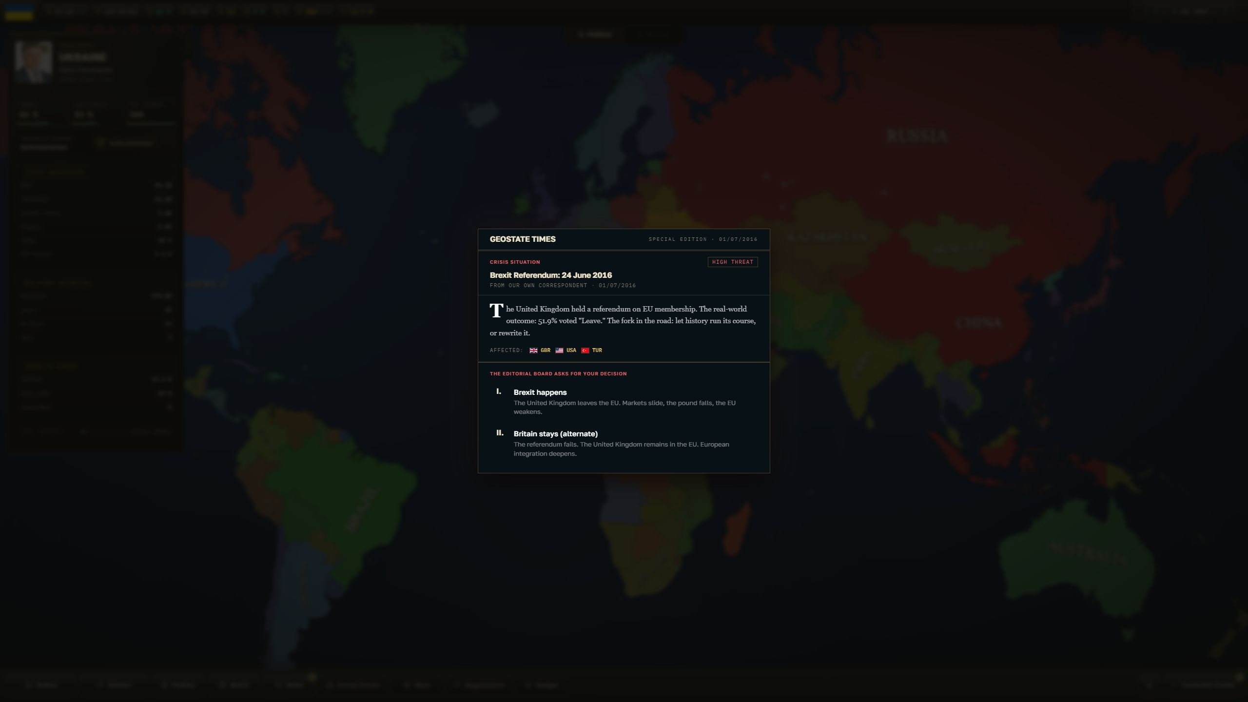 GEOSTATE gameplay showing a Brexit Referendum world-event edition with the choices Brexit happens and Britain stays over the political world map.
